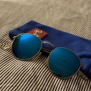 Ray-Ban Gold Frame Sunglasses with Blue Lenses